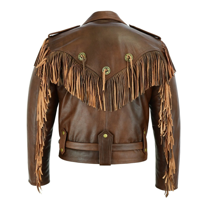 Vintage Brown Biker Fringe Leather Jacket - Tassle Concho Premium Motorcycle -