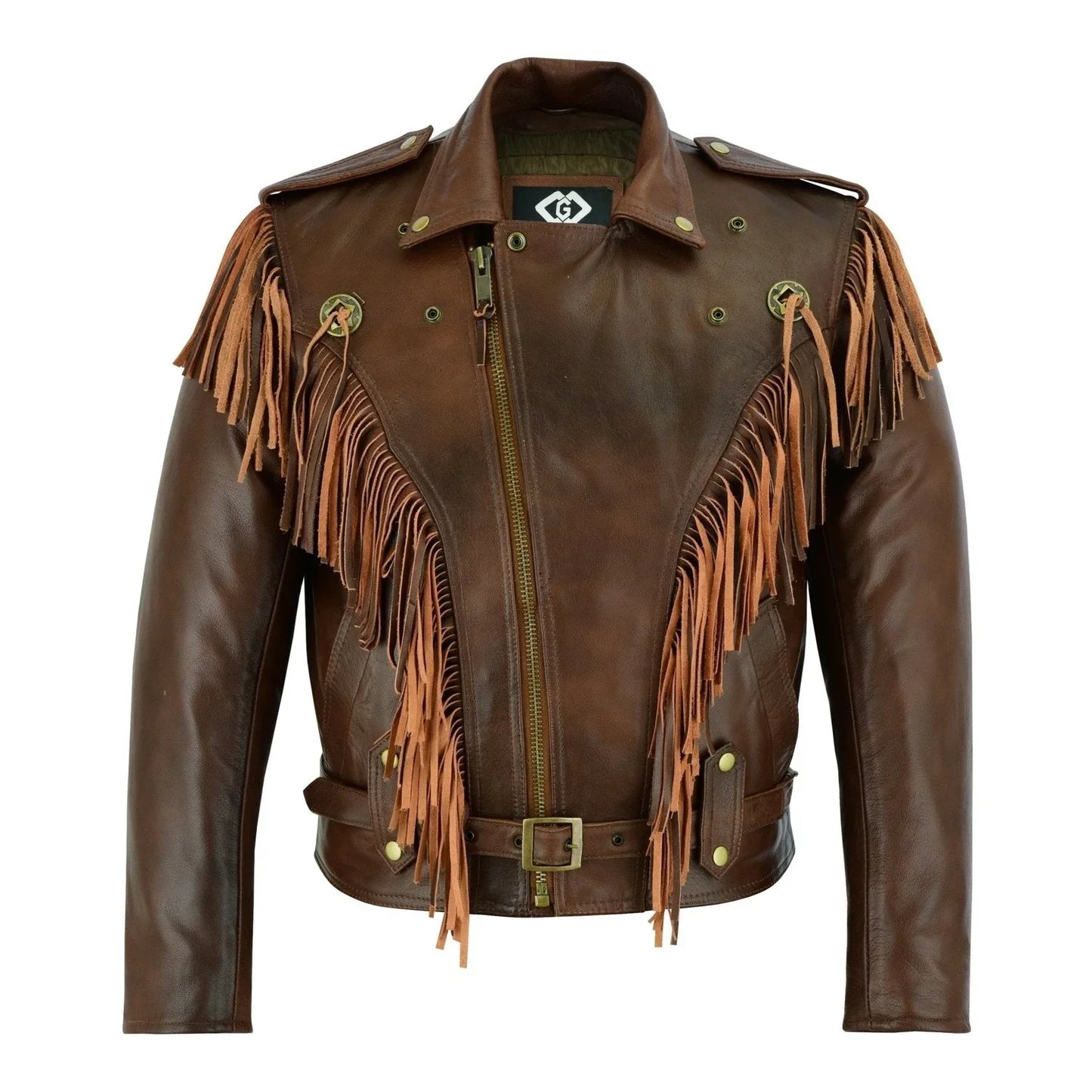 vintage brown biker fringe leather jacket - tassle concho premium motorcycle -