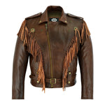 Vintage Brown Biker Fringe Leather Jacket - Tassle Concho Premium Motorcycle -