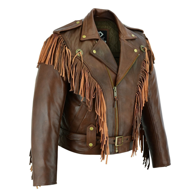 Vintage Brown Biker Fringe Leather Jacket - Tassle Concho Premium Motorcycle -