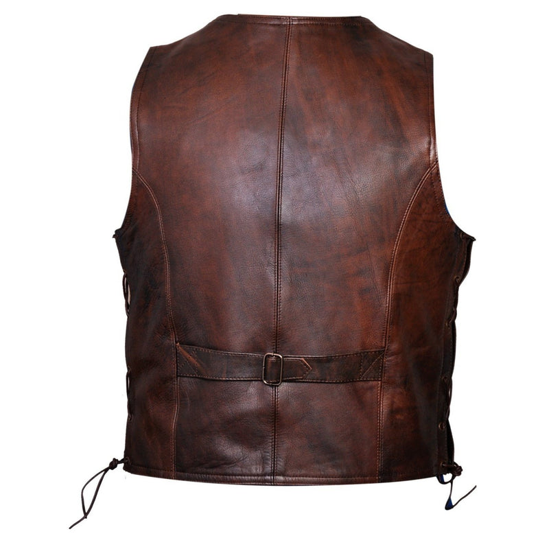 Vintage Brown Side Lace Biker Leather Waistcoat -