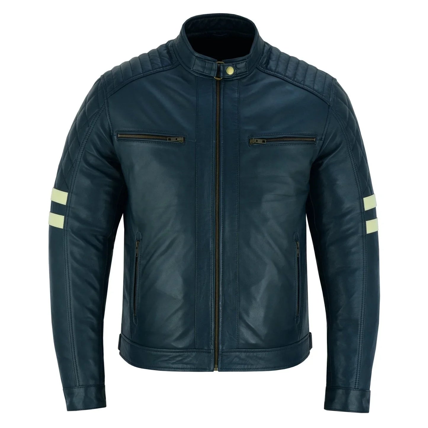 vintage cafe racer navy biker leather jacket motorcycle -