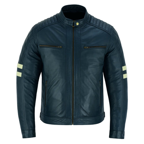 Vintage Cafe Racer Navy Biker Leather Jacket Motorcycle -