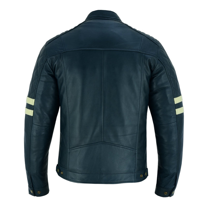 Vintage Cafe Racer Navy Biker Leather Jacket Motorcycle -