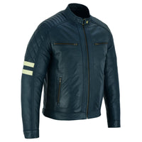Vintage Cafe Racer Navy Biker Leather Jacket Motorcycle -