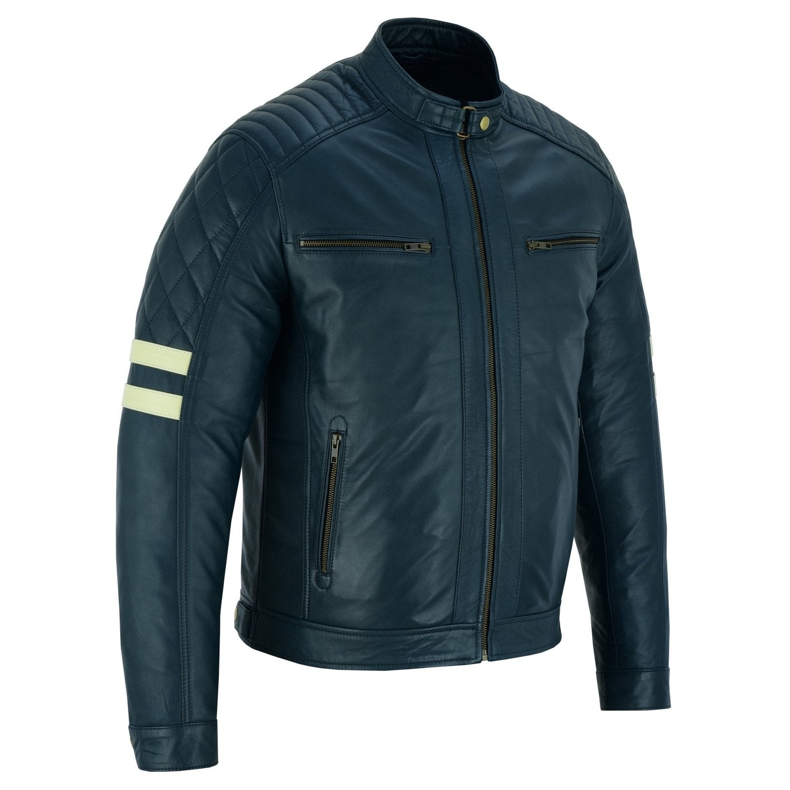 Vintage Cafe Racer Navy Biker Leather Jacket Motorcycle -