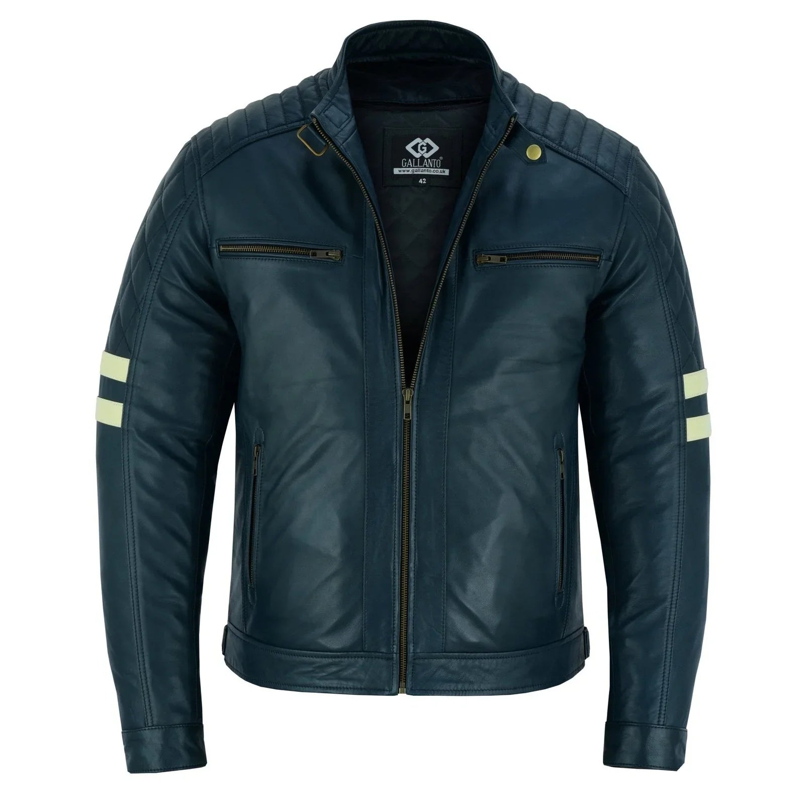 Vintage Cafe Racer Navy Biker Leather Jacket Motorcycle -
