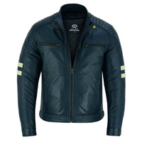 Vintage Cafe Racer Navy Biker Leather Jacket Motorcycle -