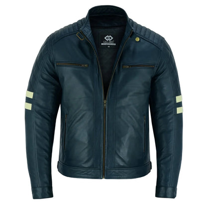 Vintage Cafe Racer Navy Biker Leather Jacket Motorcycle -