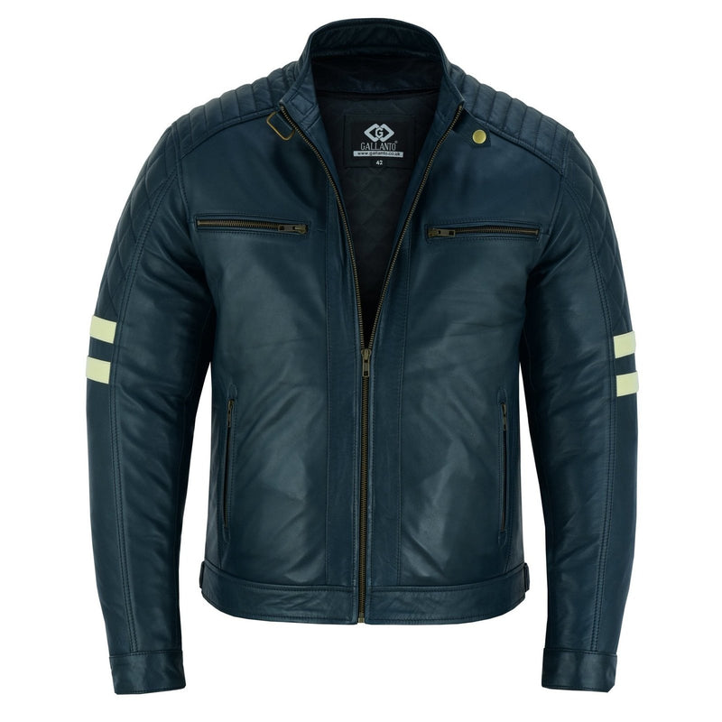 Vintage Cafe Racer Navy Biker Leather Jacket Motorcycle -