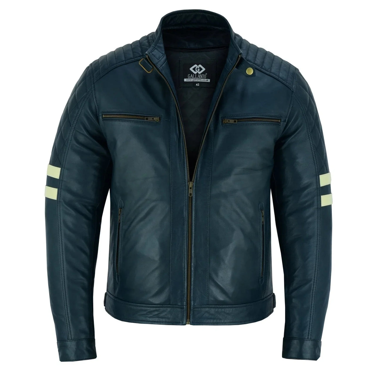 Vintage Cafe Racer Navy Biker Leather Jacket Motorcycle -