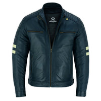 Vintage Cafe Racer Navy Biker Leather Jacket Motorcycle -