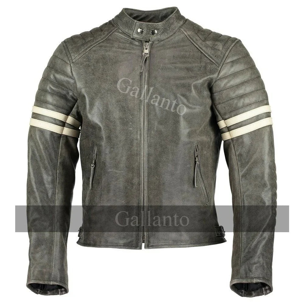 vintage fight club leather biker jacket with white stripes -