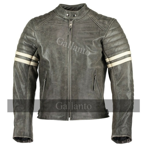 Vintage Fight Club Leather Biker Jacket with white stripes -