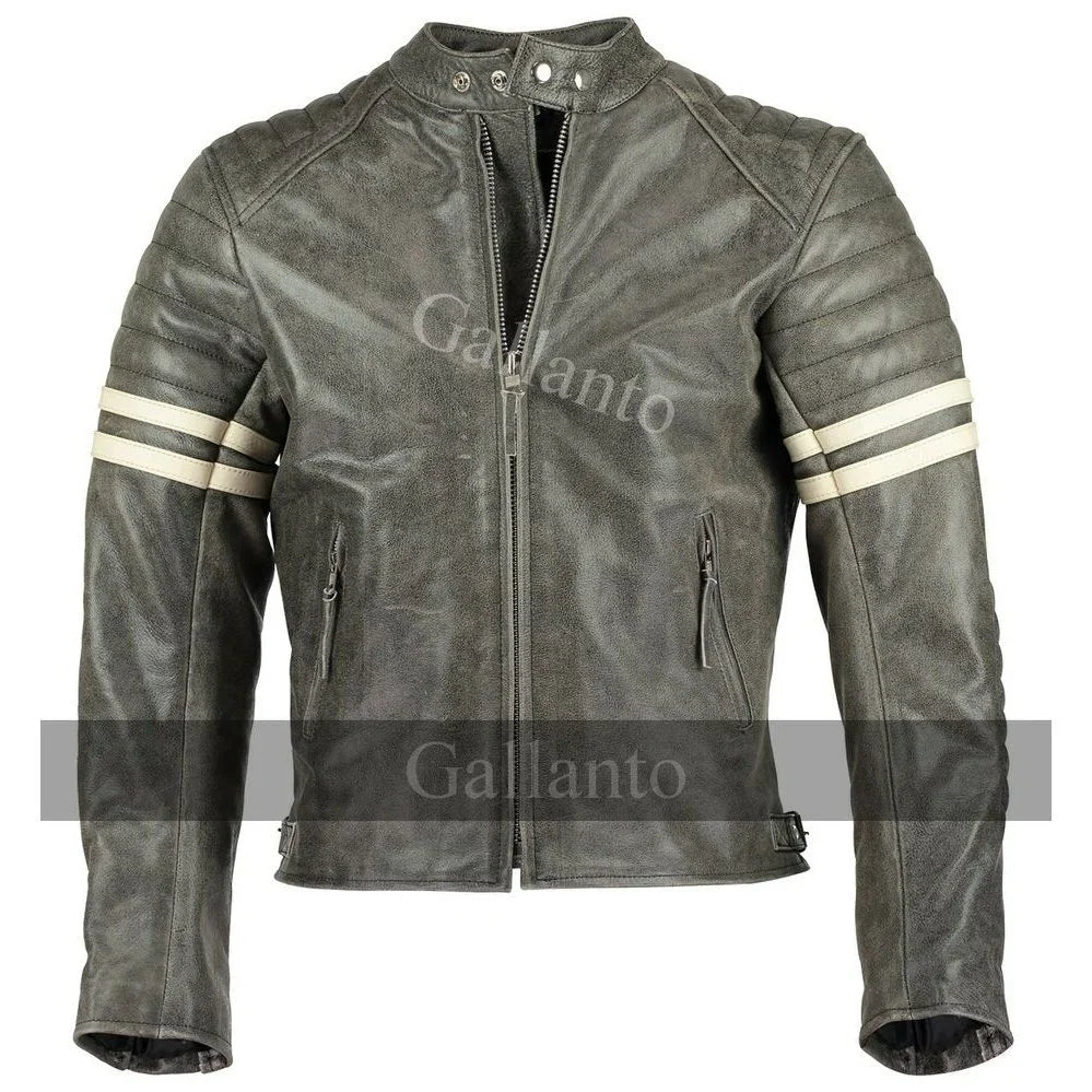 vintage fight club leather biker jacket with white stripes -