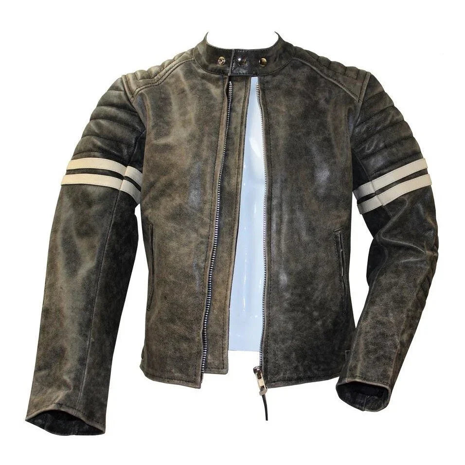 vintage fight club leather biker jacket with white stripes -
