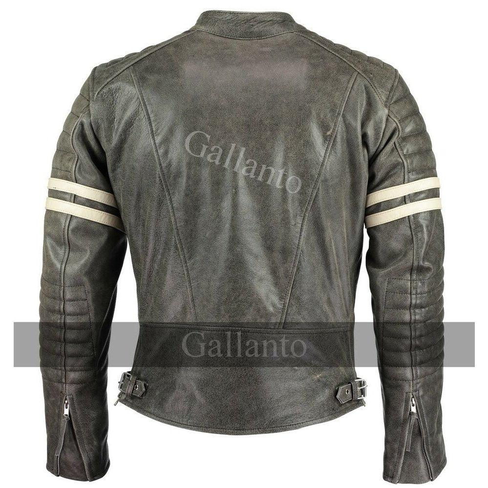 vintage fight club leather biker jacket with white stripes -