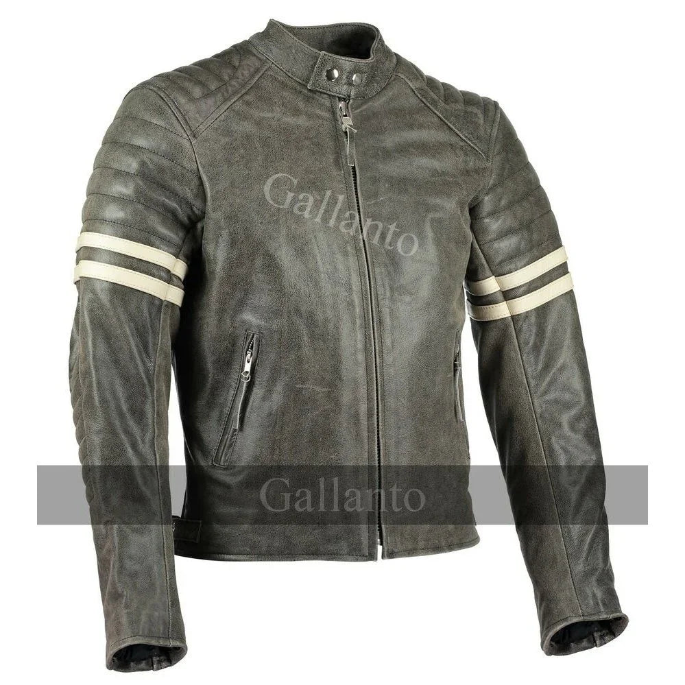 vintage fight club leather biker jacket with white stripes -