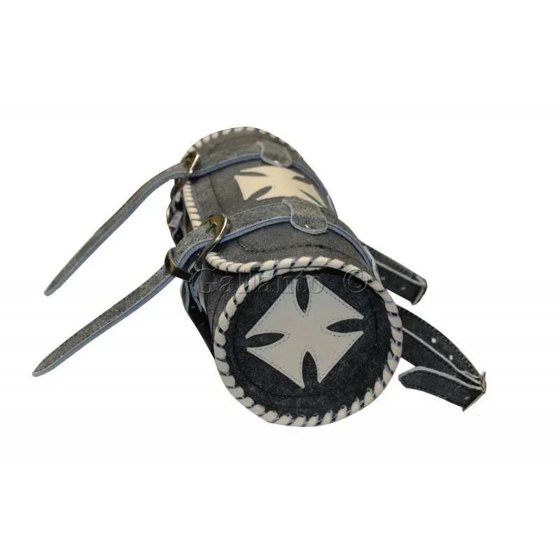 vintage gothic motorcycle leather tool roll bag with creme iron cross -