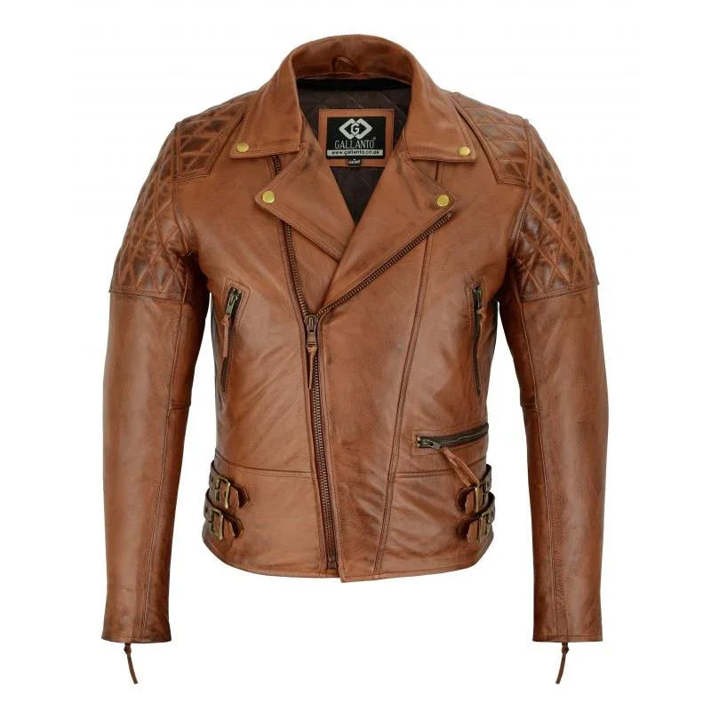 vintage tan brown classic diamond motorcycle biker soft leather jacket -