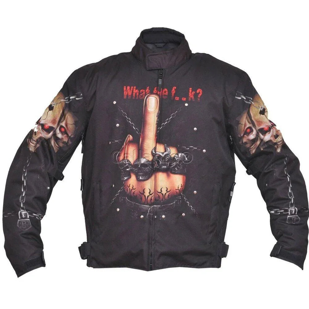 what the f skull black fabric biker jacket -