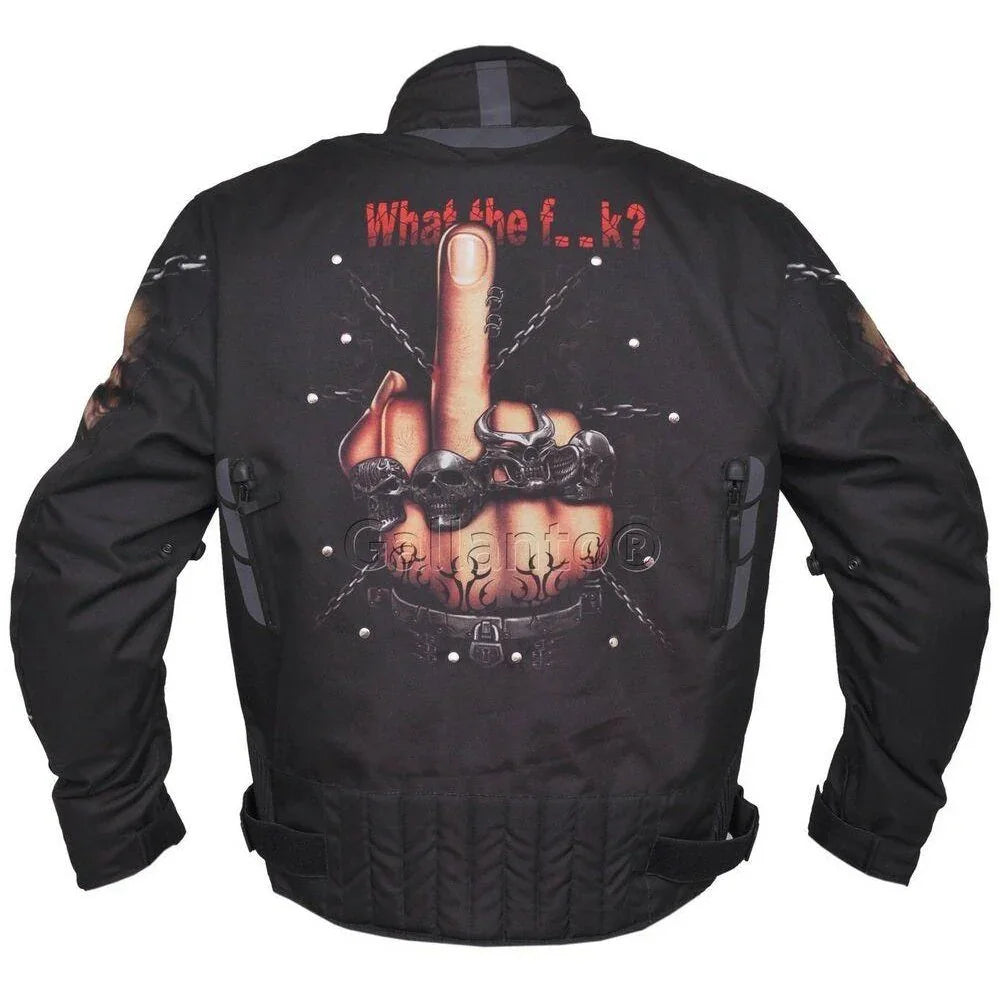 what the f skull black fabric biker jacket -