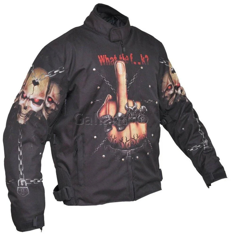 what the f skull black fabric biker jacket -