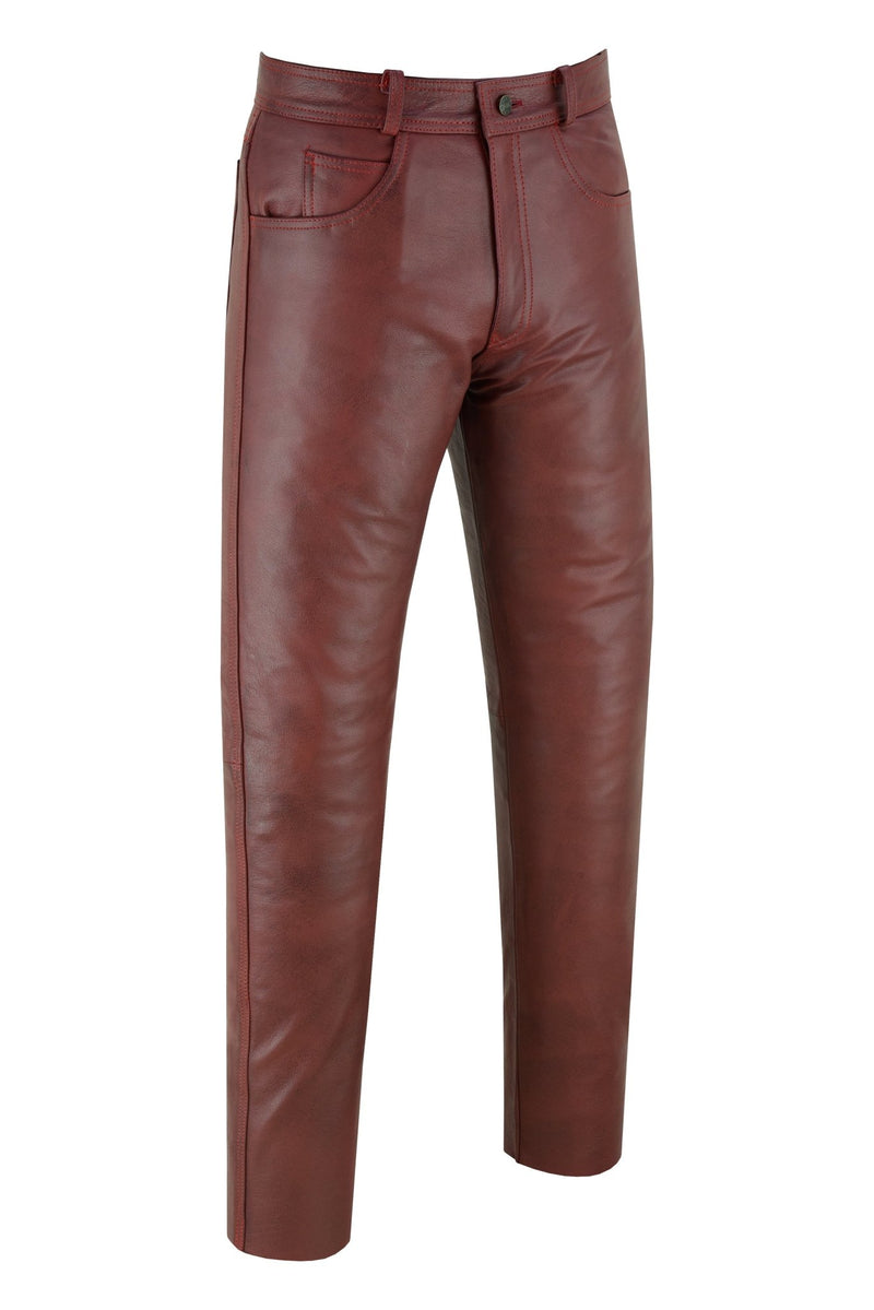 Wine Red Classic Fitted Biker Cowhide Leather Trousers -