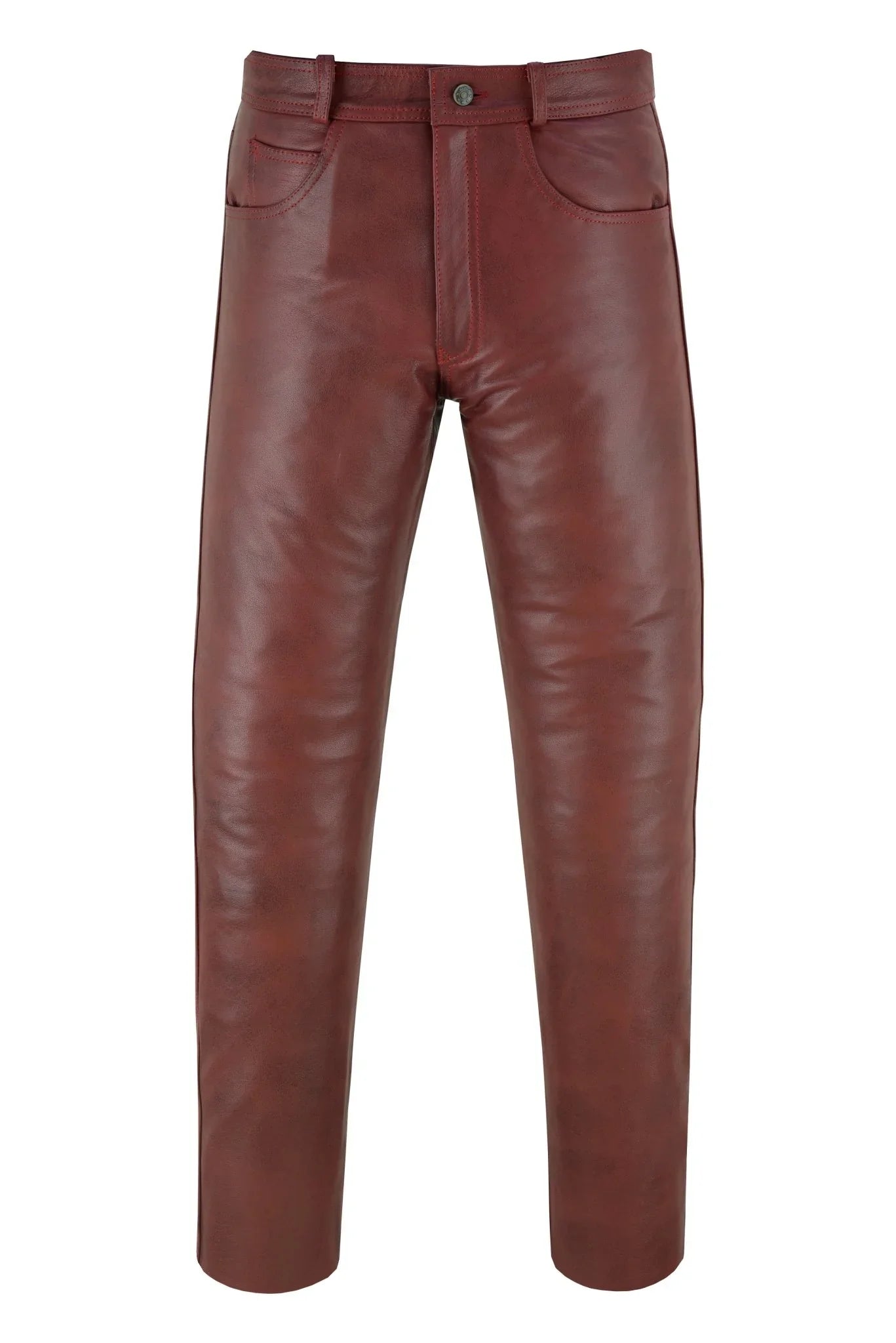 wine red classic fitted biker cowhide leather trousers -