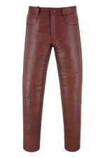 Wine Red Classic Fitted Biker Cowhide Leather Trousers -