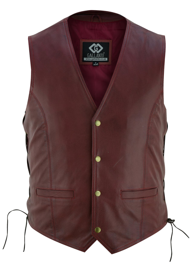 Wine Red Side Lace Biker Leather Waistcoat Vest -