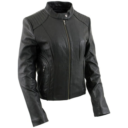 Women's Black Leather Scuba Style Jacket with Snap Mandarin Collar -