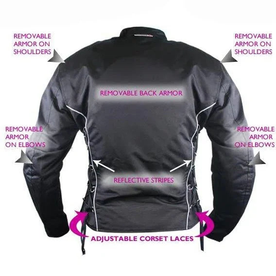 women’s removable armor black fabric motorcycle jacket -