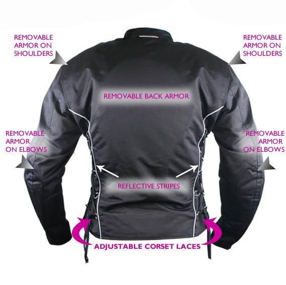 Women’s Removable Armor Black Fabric Motorcycle Jacket -