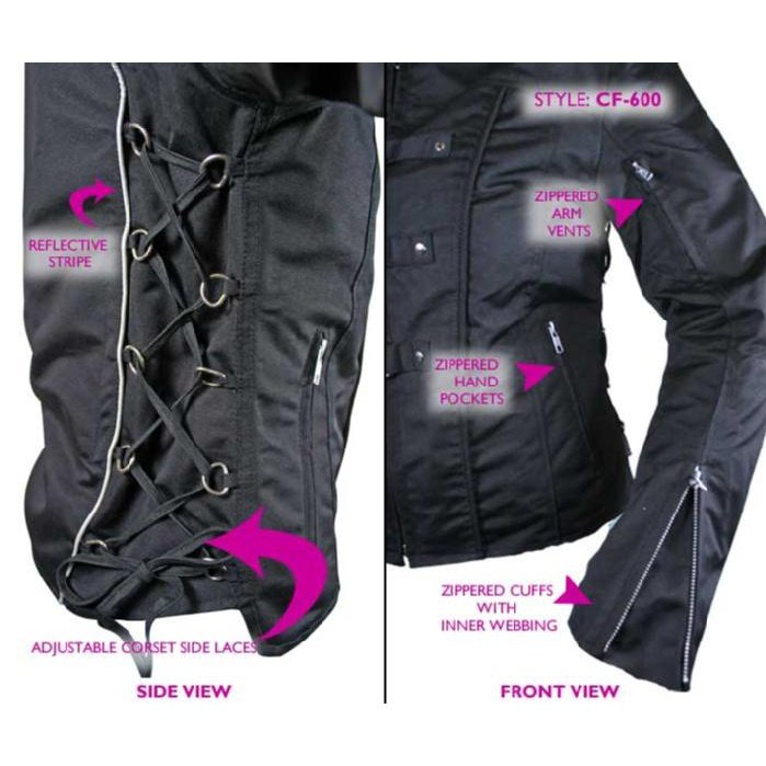 Women’s Removable Armor Black Fabric Motorcycle Jacket -