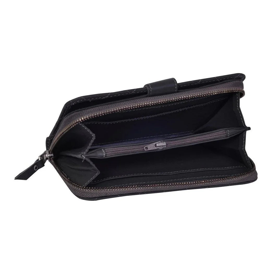 womens zip round black leather purses -